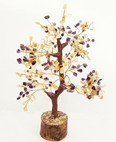 Nirdesh vindecare Crystal Tree Citrine & Ametist Chakra Tree Of Life Bonsai bani Tree Golden Wire baza de lemn Reiki Crystal Cadouri ornamente energie pozitivă Încărcare meditație, echilibrare metafizică