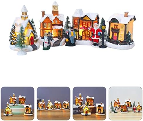 Nuobesty Desktop Decor 4buc Crăciun scena sat case aprinde Crăciun LED miniatură Casa rășină Crăciun scena zăpadă peisaj casa