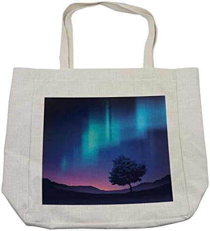 Geanta de cumpărături Fantasy Ambessonne, Aurora Borealis cu un copac în regiunea arctică rară Sky Up View View, geantă reutilizabilă
