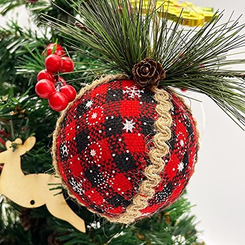 Kinmris 6pcs Ornamente cu bilă de Crăciun - 3 inch negru și roșu Buffalo Plaid Fabric Ornamente cu conuri de pin roșu și verdeață,