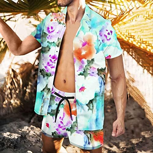 Cămăși florale masculine pantaloni scurți 2PC Set Hawaii Holiday Vacanță Casual Cardigan Bluză Cardigan Bluză Pantaloni scurți