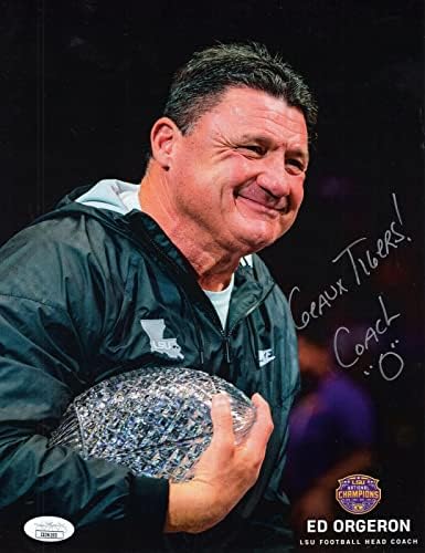Ed Orgeron semnat manual 8x11 Color Photo LSU Coach cu Trofeul Champ JSA - Fotografii autografate la colegiu