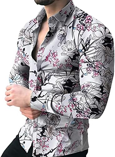 XXBR Tricouri pentru bărbați pentru bărbați cu mânecă lungă buton în jos, cămașă hawaiană fluture fluture floral vintage casual