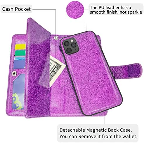 Husă MODOS LOGICOS pentru iPhone 11 Pro Max 6.5, [portofel detașabil] [depozitare numerar] [9 sloturi pentru carduri 1 fereastră Id] Geantă din piele PU cu sclipici cu carcasă magnetică interioară detașabilă din TPU-Violet