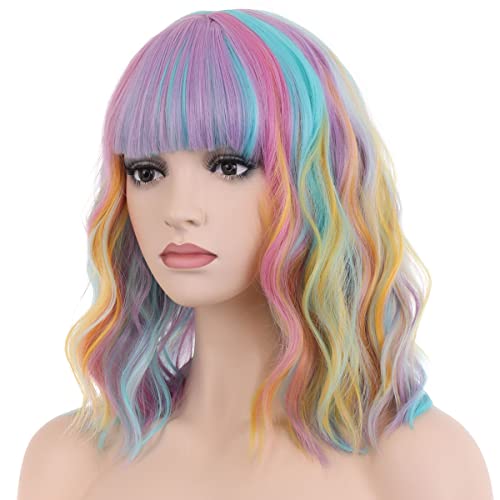 MAGQOO curcubeu peruca peruca colorate cu Bang Femei fete scurt ondulat ondulat Multi culoare par peruca sintetice Cosplay