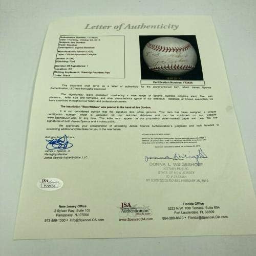 Rare Joe Gordon Single semnat de baseball HOF cu JSA COA - baseball -uri autografate