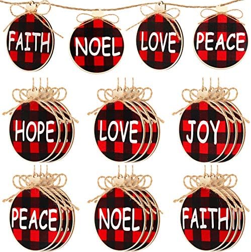 24 de bucăți ornamente de agățare din lemn de Crăciun Buffalo cu carouri decorațiuni tipărite urări de Crăciun Crafturi de meșteșuguri pentru uși Bells Craciun Copaci 6 Stiluri Peace Faith Joy Love Noel Hope
