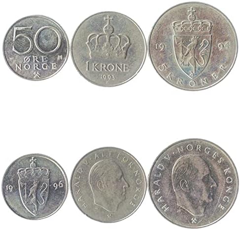 3 monede din Norvegia | Colecția norvegiană de monede norvegiale 50 minereu 1 5 kroner | A circulat 1992-1996 | Regele Harald