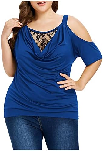 Plus Dimensiune Topuri pentru femei dantela până rece umăr vara Tricouri solide Cowl gât T-Shirt supradimensionate Bluze Top