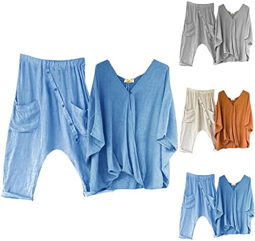 Ținute Din 2 Piese Pentru Femei 2023 Vară Bumbac Lenjerie Bluză Cu Mânecă Lungă Și Buzunare Pantaloni Set Trening Cu Nasturi
