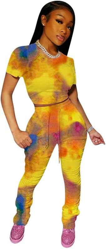 LOLOMATO Summer Tie Dye Imprimat Track Track Piese Set - Mânecă scurtă Slim Fit Crop Top Stacked Pant Suits Casual Casual -