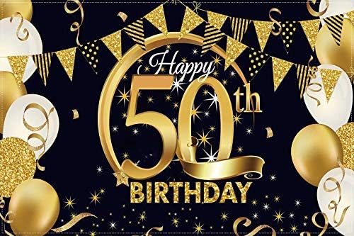 Laecco 10x7ft 50th Birthday Party Decoration Black and Gold Sign Poster Glitter Fericit 50th Birthday Banner