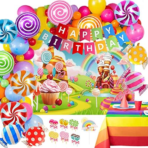 Tsoifu 124pcs Candyland Party Decoratiuni pentru fata băiat Lollipop Birthday Party Consumabile Candyland fundal și bomboane