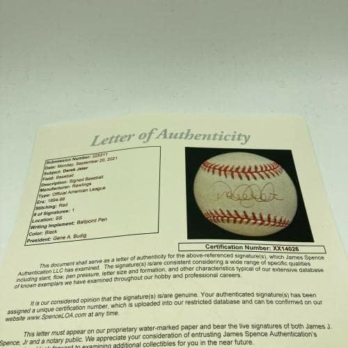 1996 Derek Jeter Rookie a semnat baseball -ul Ligii Americane cu JSA COA - baseball -uri autografate