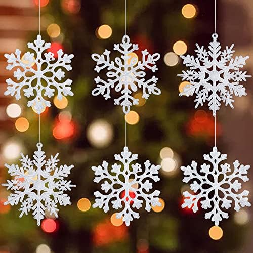 36 de PC -uri cu sclipici alb de Crăciun ornament de fulgi de zăpadă, 4 inch 3 stiluri din plastic fulg de zăpadă spumant, arbore artificial de Crăciun, de Crăciun, de asemenea