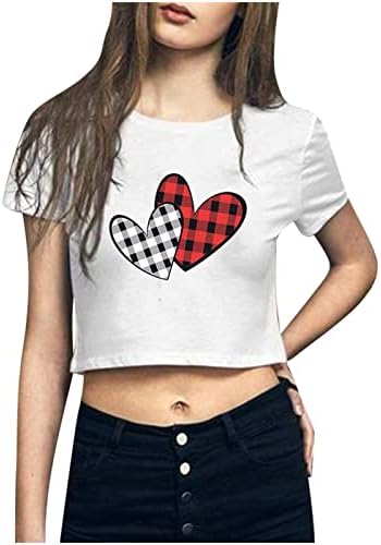 Top de cultură pentru femei Tricouri imprimate cu inimă cu carouri rotunde pentru gâturi casual Casual cu mânecă scurtă Tricouri