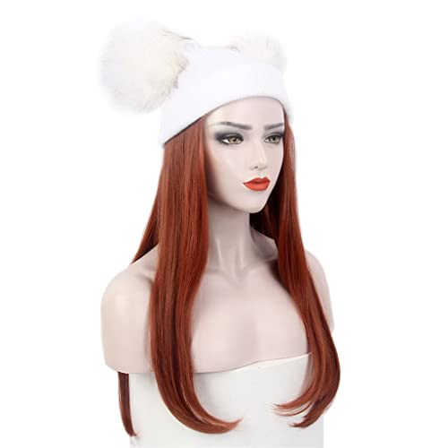 N / A Doamnelor păr pălărie albă tricotate dublu mingea pălărie peruca iarna cald lung drept roșu peruca pălărie