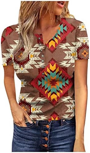 Cămăși cu mânecă scurtă pentru femei Western Aztec Print t-shirt buton V gât Tricouri vintage etnice vara Tees Bluza Top