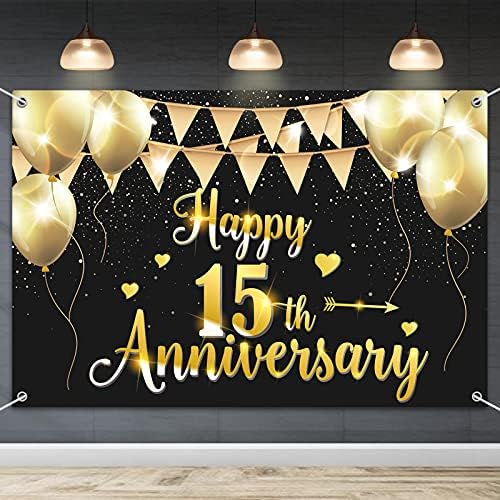 HAMIGAR 6x4ft Happy 15th Anniversary Banner fundal-15 decoratiuni aniversare de nunta consumabile pentru petreceri-Aur Negru