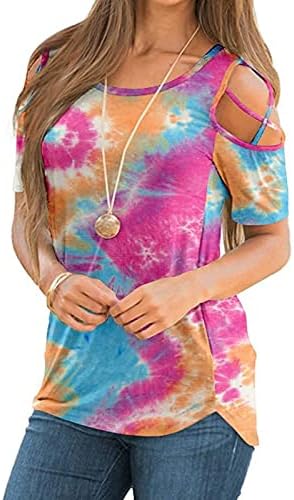 Tricou pentru fete adolescente alunecare cu mânecă scurtă umăr rece 2023 Cotton Crewneck Floral Graphic Tie Dye Bluză pentru