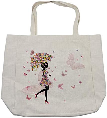Geantă de cumpărături feminine din Ambesonne, fată cu umbrelă florală și rochie care se plimbă cu fluturi Arta inspirată, geantă
