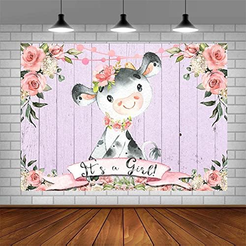 ABLIN 7x5ft Holy Cow Baby Shower fundal pentru fată este o fată baby Shower decoratiuni flori roz Rustic din lemn fotografie