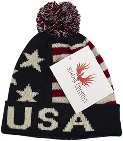 Rising Phoenix Industries USA Bling Pom Beanie Hat, tricotat American Flag Buffed Skull Beanie Cap