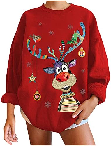 QTOCIO Tricouri cu mânecă lungă pentru femei Renți urâți de Crăciun Ugly Pantof tipărit Model de pulover pulover cu tunse tunică