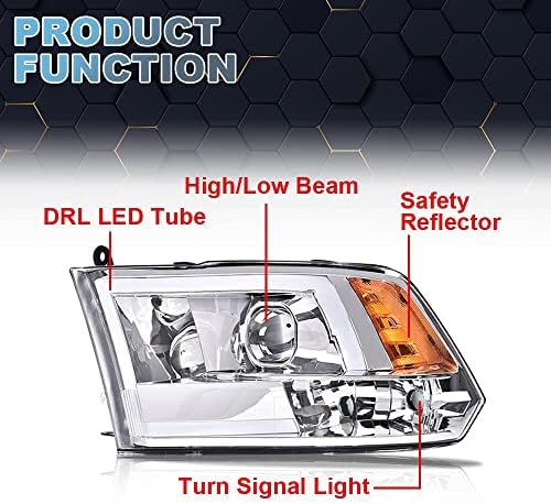 Far LED PIT66, compatibil cu 09-18 Dodge Ram 1500/10-18 Ram 2500 3500/11-18 Ram 4500 5500, carcasă cromată transparentă reflector