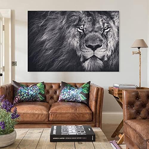 Artă de perete de leu, tipar alb -negru, decor elegant de cameră, artă modernă de perete pentru sufragerie, o pânză print artă
