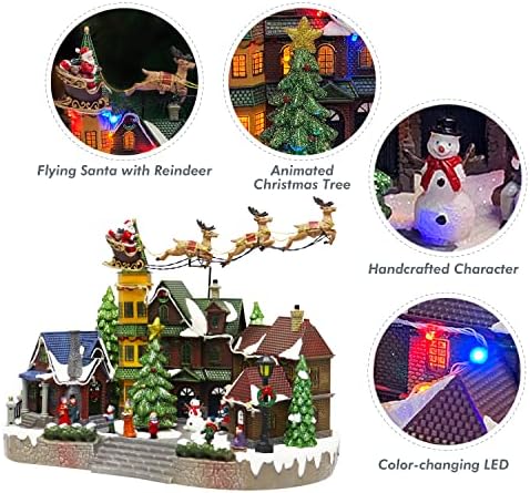 Decorul central al satului de Crăciun, Moș Crăciun călărind în sanie, cu arbori de Crăciun și clădiri ale satului, cu lumini LED, muzică de Crăciun și adaptor de putere de animație inclusă