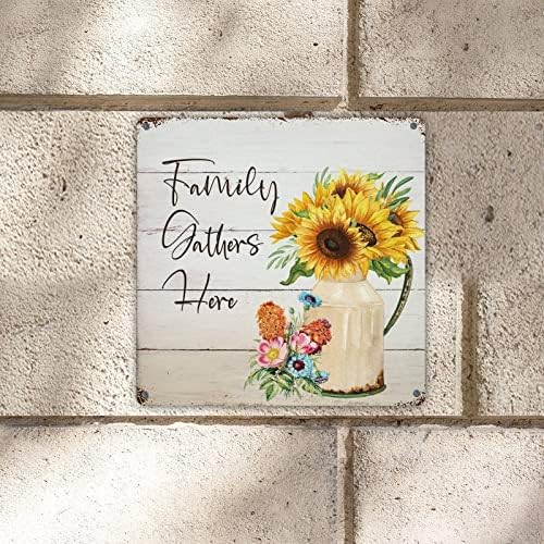 Familie adună aici semne de staniu Floare de floarea soarelui de primăvară în ceainică Art Tin Semn amuzant floare placă florală