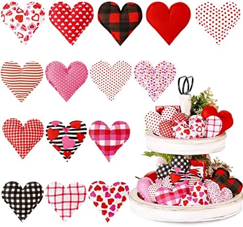 15 PC -uri Valentine țesături umplute inimi Valentine Ziua Tavă cu niveluri Valentine Hearts Decor roz Buffalo Roșie Plaid