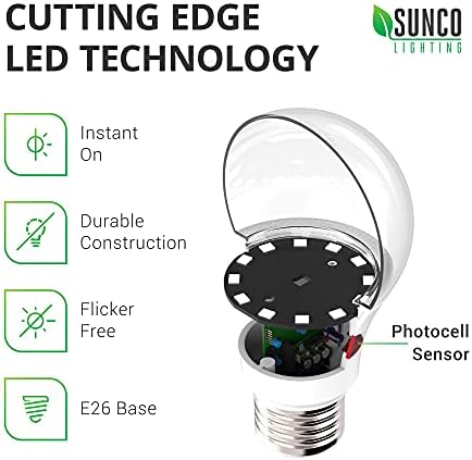 Sunco Dusk to Dawn Becuri senzor exterior A19 bec LED, ul & amp; Energy Star listat 9W, 800lm, Fotocelulă automată Pornire/Oprire automată pentru iluminat exterior, 3000k alb cald, pachet de 2