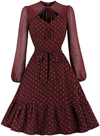 1950 Vintage femei rochie polka Dot Bowknot Audrey Hepburn Stil maneca lunga dantela V gât seara petrecere Swing Rochii