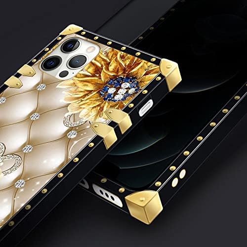Compatibil cu carcasă iPhone 14 Pro Max, Diamond Sunflower iPhone 14 Pro Max Cazuri pentru femei, Golden Decoration Square